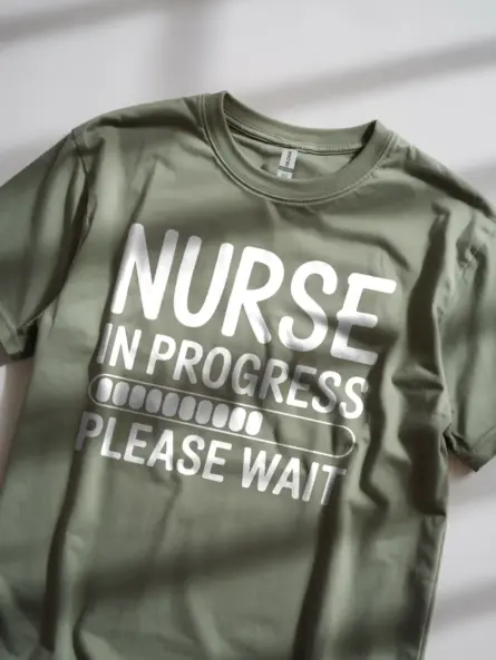 Lifestyle image of military green nurse in progress t-shirt on nursing school student