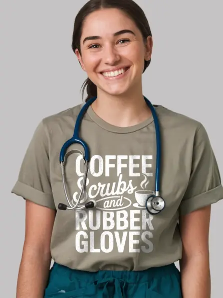 Military green Vintage Nurse Shirt with Coffee and Stethoscope