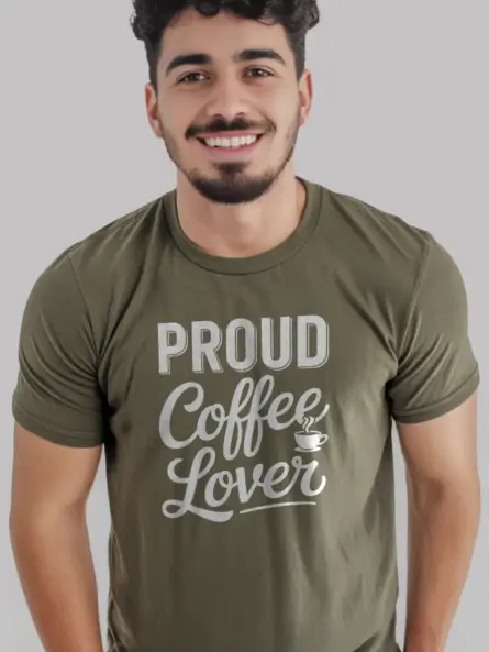 Woman at café in black proud coffee lover t-shirt