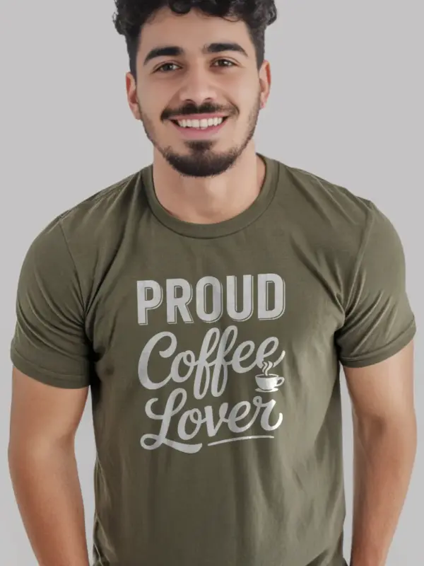 Woman at café in black proud coffee lover t-shirt
