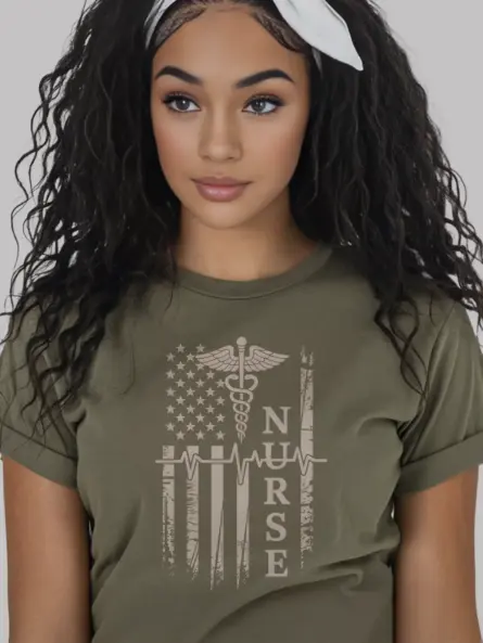 Patriotic Nurse Flag T-Shirt with Caduceus and Heartbeat Design - Image 12