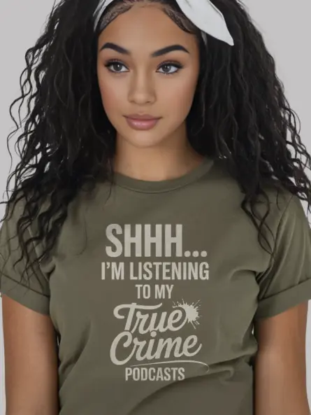 Military Green Lifestyle Shot - Podcast Obsession Shirt - true crime podcast t-shirt