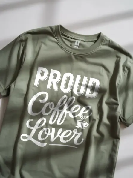 Military Green shirt with bold coffee lover text – proud coffee lover t-shirt
