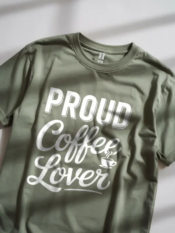 Military Green shirt with bold coffee lover text – proud coffee lover t-shirt