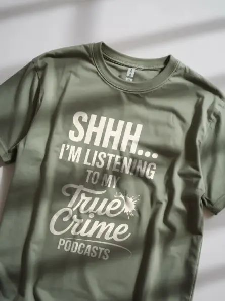 Military Green - Paint Splatter Script Design - true crime podcast t-shirt