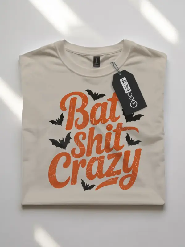 natural flatlay Shirt Front View – Bat Shit Crazy – funny bat Halloween t-shirt