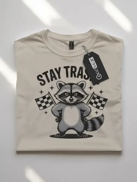 Front view natural flatlay Stay Trashy Raccoon Shirt stay trashy raccoon shirt