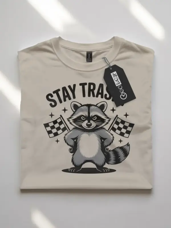 Front view natural flatlay Stay Trashy Raccoon Shirt stay trashy raccoon shirt