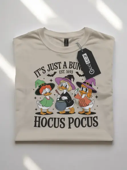 natural flatlay Front – Just a Bunch of Hocus Pocus T-Shirt with Magical Witch Ducks