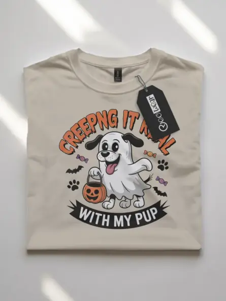 natural flatlay Front view Creeping It Real Dog Halloween T-Shirt cartoon ghost dog