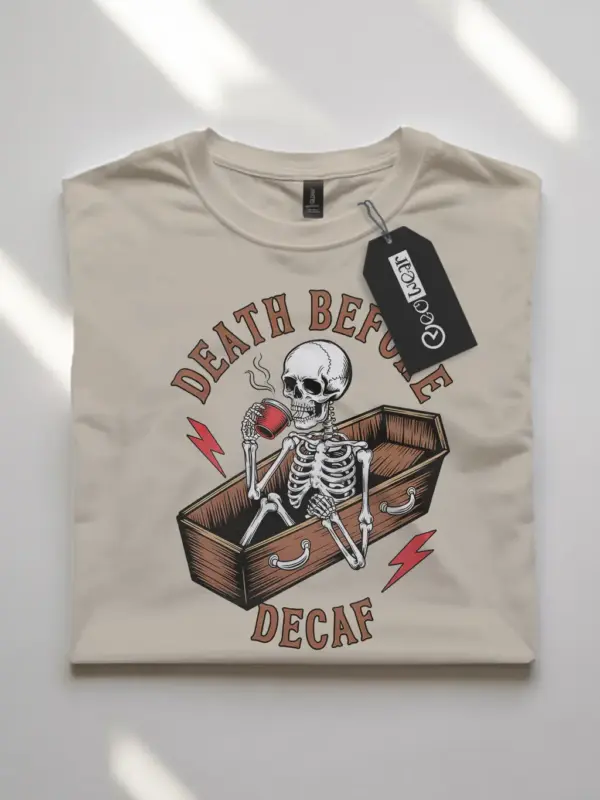 natural flatlay front view – Vintage Coffee Skeleton Tee – death before decaf vintage t-shirt