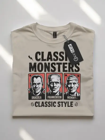 Front view natural flatlay Classic Monsters Vintage Horror T-Shirt Frankenstein