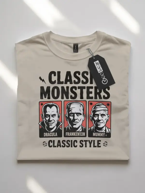 Front view natural flatlay Classic Monsters Vintage Horror T-Shirt Frankenstein