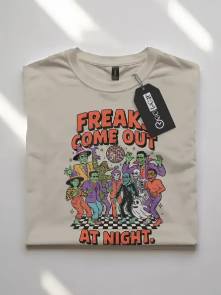 natural flatlay front – 70s Halloween Disco Tee – freaks come out at night halloween t-shirt