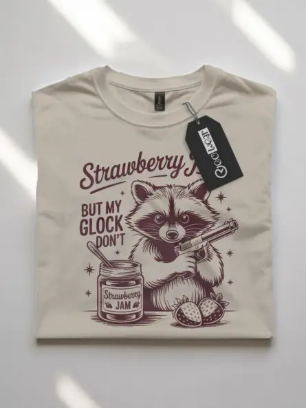 natural flatlay Sweet But Will Throw Hands Shirt front graphic with sarcastic raccoon
