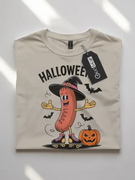natural flatlay front – Jack o Lantern Halloweenie Tee – halloweenie hot dog t-shirt