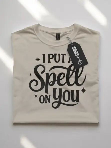 natural flatlay front view i put a spell on you t-shirt magical typography design