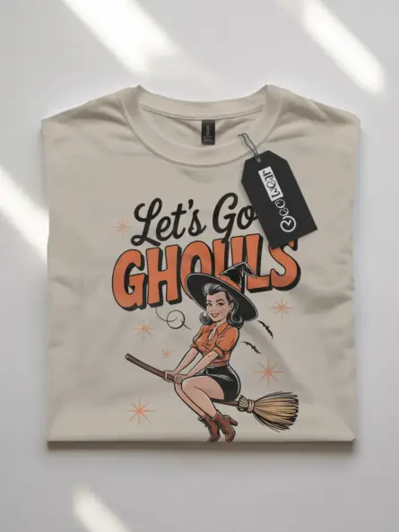 front – 1950s witch design on natural retro Halloween shirt