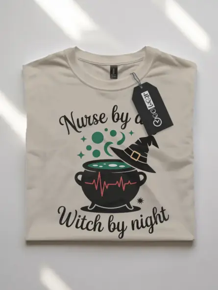natural flatlay front view nurse by day witch by night t-shirt halloween cauldron tee