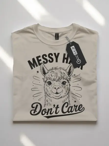 natural flatlay messy hair dont care alpaca t-shirt with fluffy alpaca