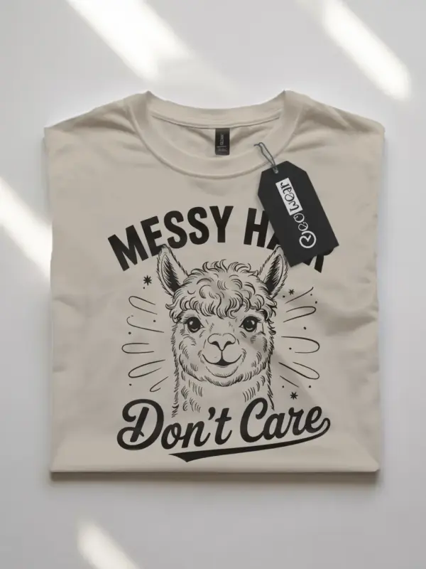 natural flatlay messy hair dont care alpaca t-shirt with fluffy alpaca