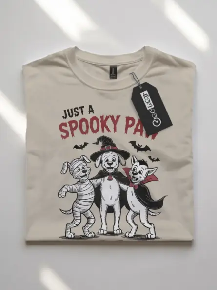 natural flatlay front – cute spooky dog Halloween t-shirt with retro Halloween art