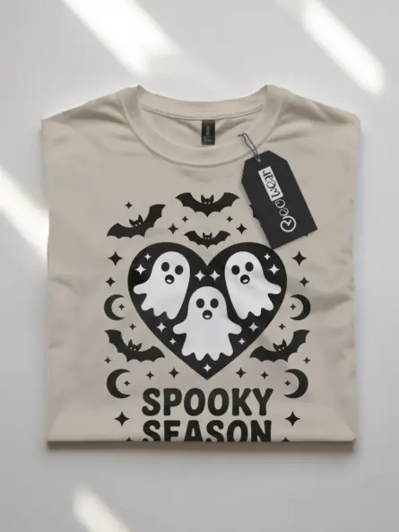 natural flatlay Halloween shirt with moons and bats – spooky season ghost shirt