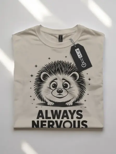 natural flatlay tee front with cartoon hedgehog, always nervous hedgehog t-shirt