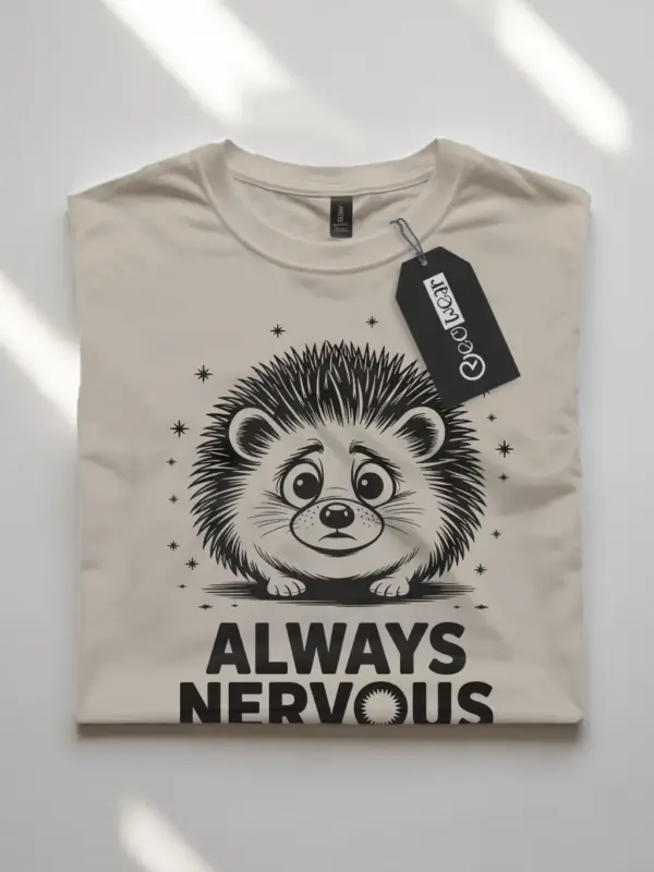 natural flatlay tee front with cartoon hedgehog, always nervous hedgehog t-shirt