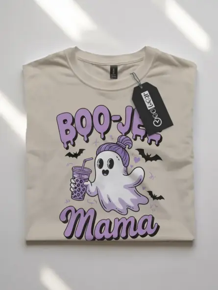 Natural front view – Boo-Jee Mama ghost shirt for Halloween moms natural