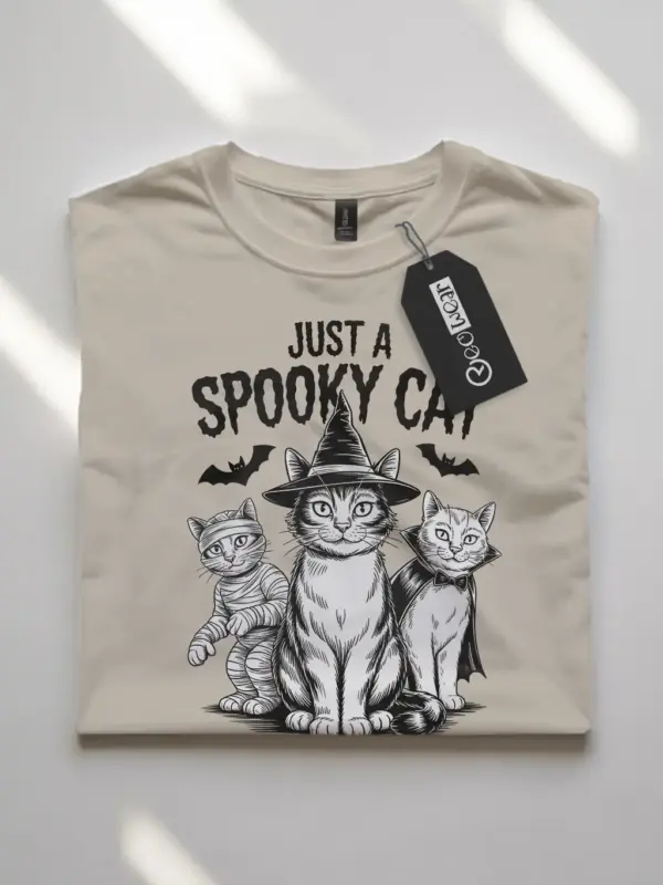 natural flatlay front – retro-style spooky cat Halloween t-shirt with mummy, witch, and vampire