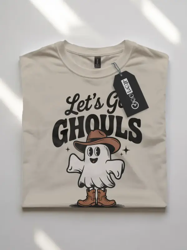natural flatlay front – retro ghost in cowboy boots on western ghost Halloween t-shirt