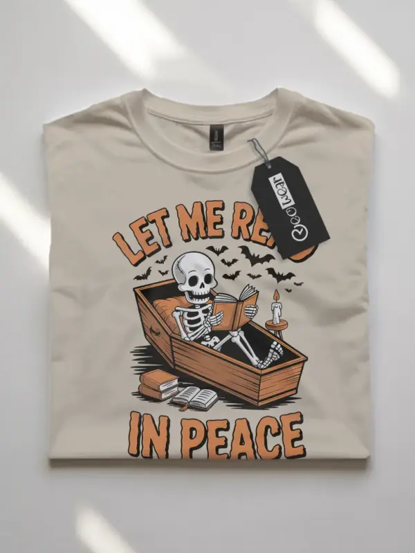 natural front – let me read in peace graphic – skeleton reading t-shirt