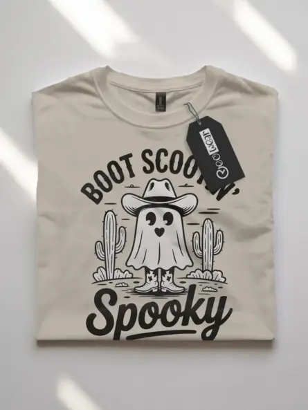 Natural front view – cowboy ghost Halloween shirt with spooky boots natural