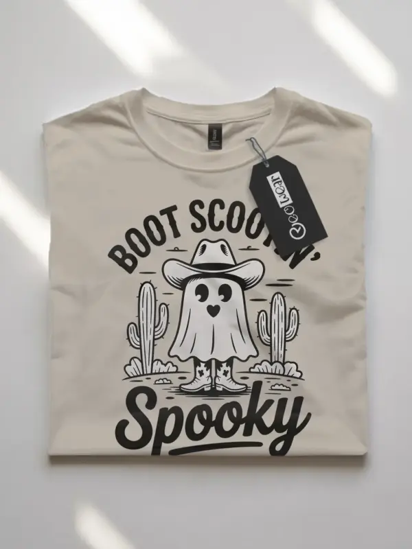 Natural front view – cowboy ghost Halloween shirt with spooky boots natural