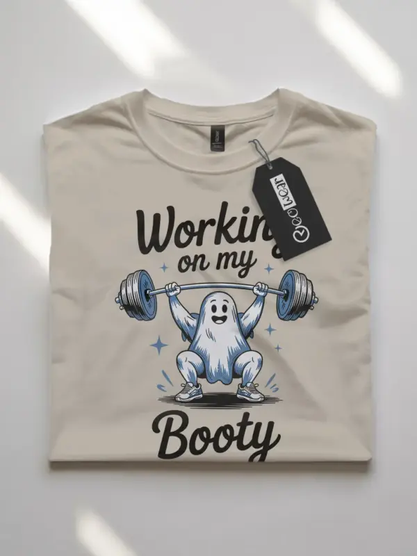 natural flatlay Shirt Funny Ghost Workout T-Shirt – “Working On My Booty” funny ghost workout t-shirt