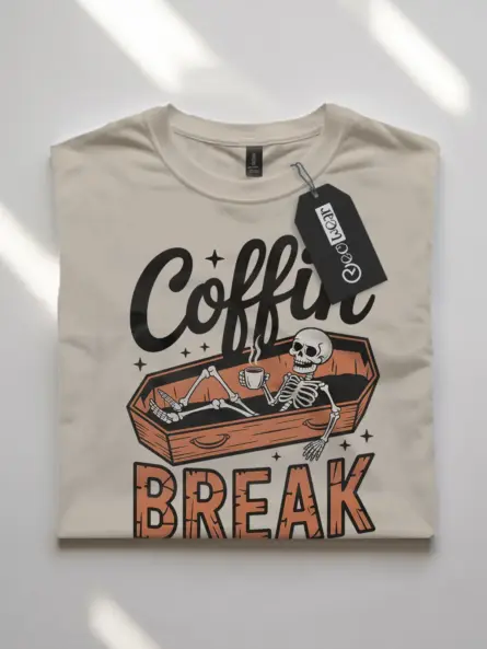 front –natural skeleton coffee Halloween shirt with coffin break design