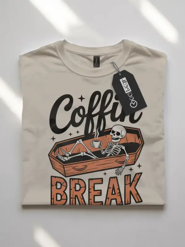 front –natural skeleton coffee Halloween shirt with coffin break design