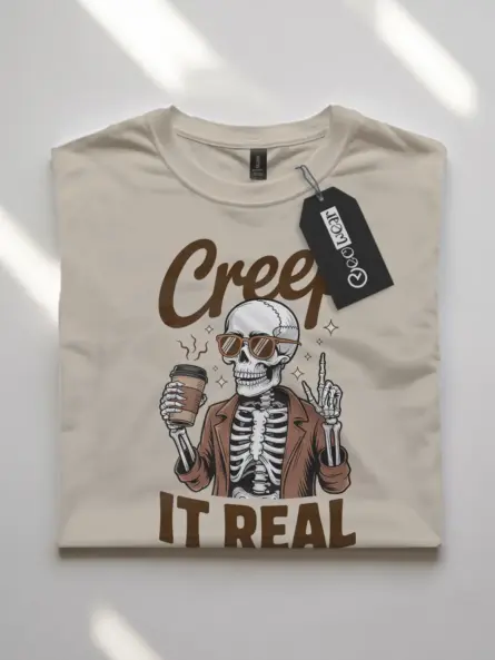 natural flatlay front – Creep It Real funny skeleton coffee shirt with vintage vibes
