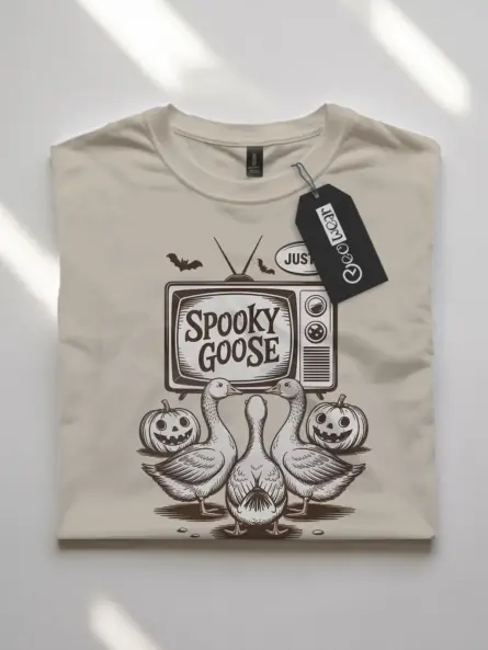 natural flatlay front – spooky goose Halloween t-shirt with TV and pumpkin design