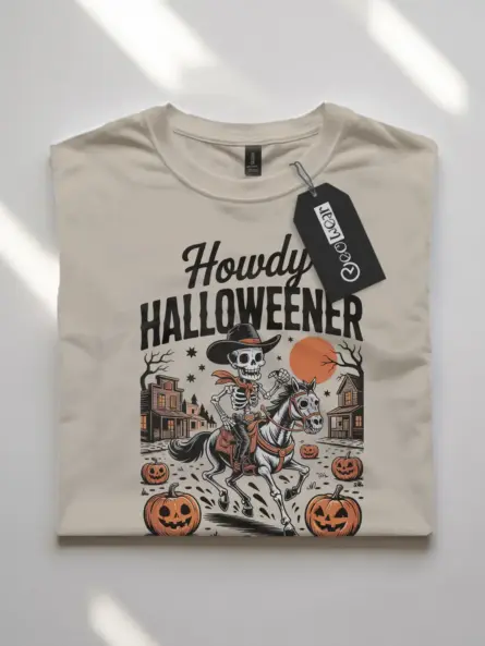 Natural front view – cowboy skeleton Halloween shirt with jack-o’-lanterns natural