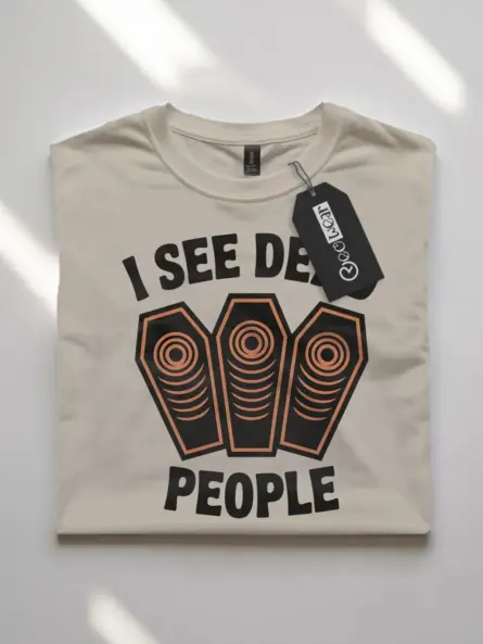 Front view natural flatlay I See Dead People Coffin Halloween T-Shirt – minimalist halloween design
