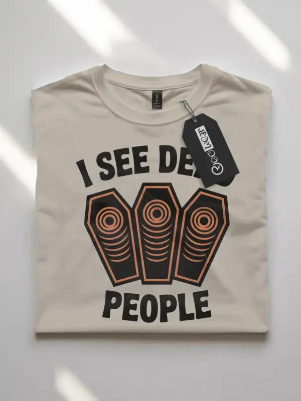 Front view natural flatlay I See Dead People Coffin Halloween T-Shirt – minimalist halloween design