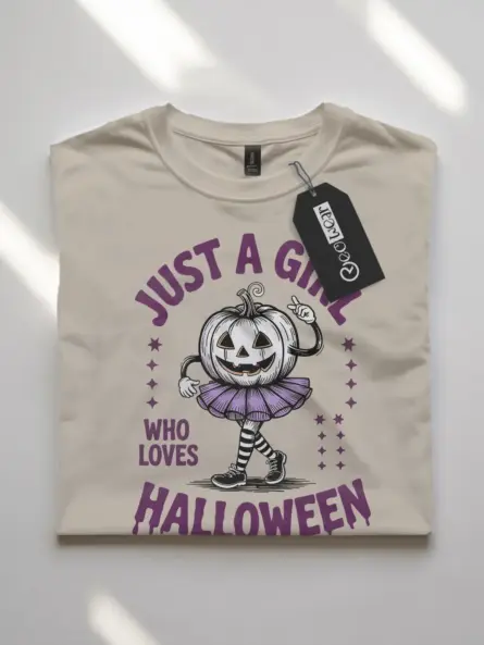 natural flatlay front – whimsical jack-o’-lantern design cute pumpkin girl Halloween t-shirt