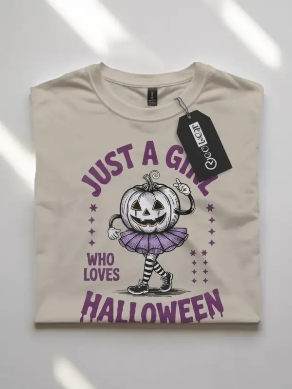 natural flatlay front – whimsical jack-o’-lantern design cute pumpkin girl Halloween t-shirt