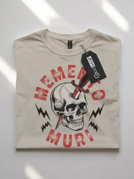 natural flatlay Front view Memento Muri memento mori skull t-shirt – gothic philosophy fashion