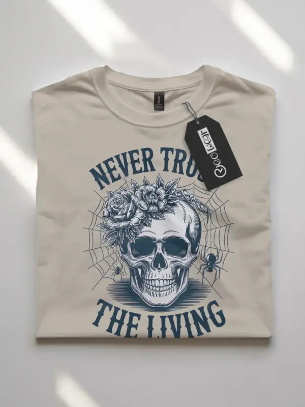 natural flatlay front view – retro skull and roses graphic – gothic skull floral t-shirt