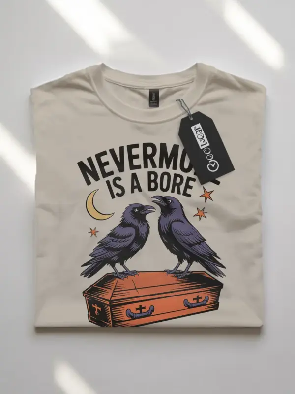 natural flatlay front – raven coffin illustration – gothic raven literary pun t-shirt