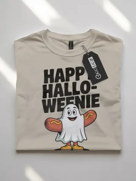 Playful Happy Halloweenie T-Shirt – Hot Dog Ghost Fun - Image 7