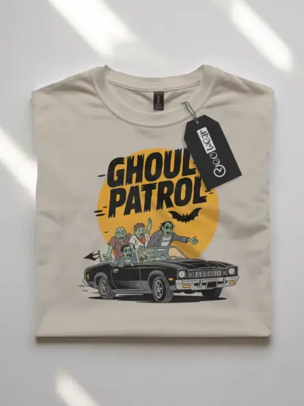 Front View natural flatlay Ghoul Patrol Shirt – Retro Zombie Car T-Shirt
